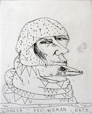 2008.18_crop.jpg; 2008.18; Conger Eel Woman Eats; Etching