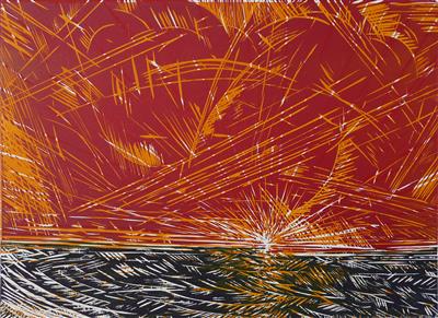 2008.333_crop.jpg; 2008.333; Sunset, Gullane Bay II; Woodcut