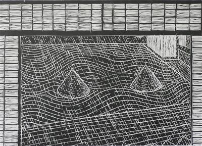 2008.335_crop.jpg; 2008.335; Temple Garden on a Rainy Day, Kyoto; Woodcut