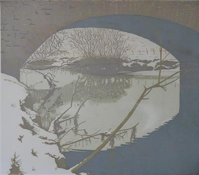 2008.505_crop.jpg; 2008.505; Bridge in Winter - The Sever Add; Linocut