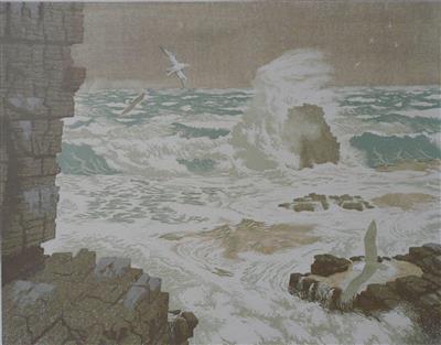 2008.510_crop.jpg; 2008.510; Wind Force Nine on the Sutherland Coast; Linocut