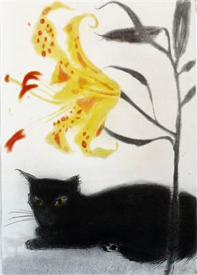 2008.52_crop.jpg; 2008.52; Black Cat and Lily; Etching