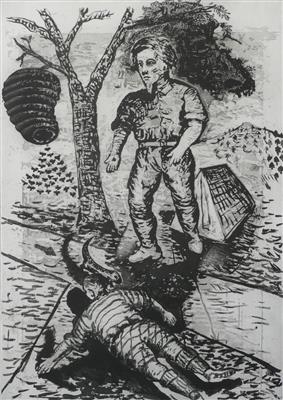 2009.89_crop.jpg; 2009.89; Natural Follies at Bee Junction; Etching