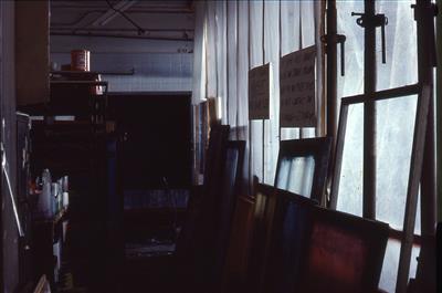 2010.149_crop.jpg; 2010.149; Slide: Screen printing area in Print Studio workshop, Ingram Street; Photographic slide