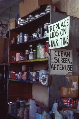 2010.153_crop.jpg; 2010.153; Slide: Ink storage for screen printing in Glasgow Print Studio workshop, Ingram Street; Photographic slide