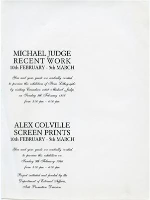 2010.169_crop.jpg; 2010.169; Invite Card: Michael Judge, Recent Work and Alex Colville, Screen Prints (1986); Invite Card