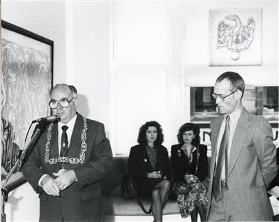 2011.253.4_crop.jpg; 2011.253.4; Photograph: Adrian Wiszniewski Exhibition Opening (1988); Black and white photograph