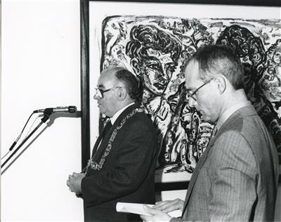 2011.253.6_crop.jpg; 2011.253.6; Photograph: Adrian Wiszniewski Exhibition Opening (1988); Black and white photograph