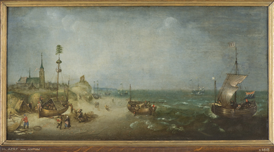 0000-0010-SCH.jpg; 0000-0010-SCH; Het strand van Scheveningen gezien vanuit het noordoosten ± 1618.; schilderingen