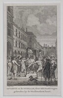 0000-0806v-PRE.jpg; 0000-0806-PRE; GEVAERTS en de GYZELAAR, door MOURAND tegen- gehouden by de Stadhouders Poort.; prenten