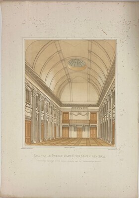 0000-0809-PRE.jpg; 0000-0809-PRE; Zaal van de Tweede Kamer der Staten Generaal
Voormalige Danszaal in het nieuwe gedeelte van het Stadhouderlijk Kwartier; prenten