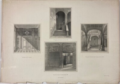 0000-0810-PRE.jpg; 0000-0810-PRE; Vier prenten
Hoofddeur van de Trèveszaal, Oude Opgang naar de Statenkamer van Holland (1655), Portaal vóór de lokalen van den Raad van State (1687), Nieuw portaal vóór de Eerste Kamer der Staten-Generaal (1883); prenten