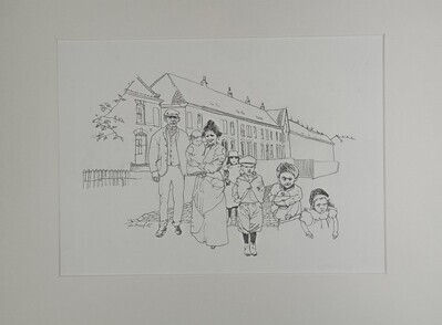 083e60bc-68a7-4608-9cca-fbc47ad6358a.jpg; 1984-0026-TEK; Arbeider met gezin voor hofje.; tekeningen