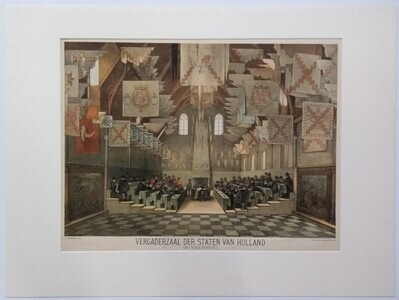 0b585a82-822e-4229-bc60-696afa3175c7.jpg; 1956-0202-PRE; Vergaderzaal der Staten van Holland met vergadering in 1651.; prenten