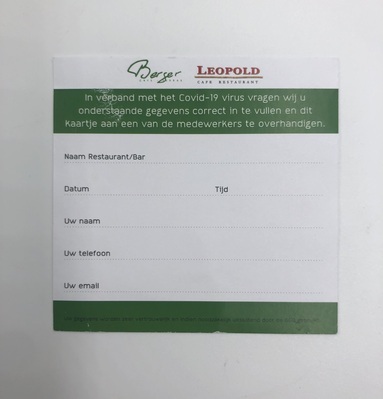 0bdaae67-0ce6-470c-bace-22044dc86381.jpg; 2020-0022-PRE; Kaartje voor contactgegevens voor bezoek Restaurant Leopold tijdens Coronapandemie; drukwerk