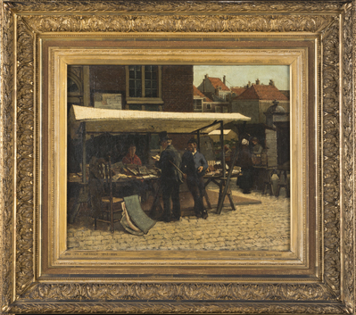 1897-0003-SCH.jpg; 1897-0003-SCH; Het boekenstalletje van David Blok op de Grote Markt.; schilderingen