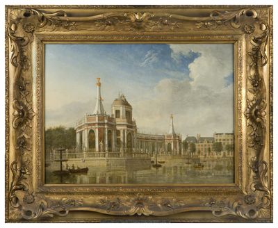 1923-0005-SCH.jpg; 1923-0005-SCH; Het vuurwerkpaviljoen in de Hofvijver. Opgericht ter ere van de Vrede van Aken.; schilderingen