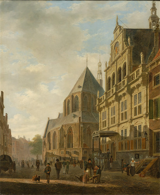 1958-0001-SCH.jpg; 1958-0001-SCH; Het Oude Raadhuis aan de Groenmarkt met daarachter de Grote- of Sint Jacobskerk.; schilderingen