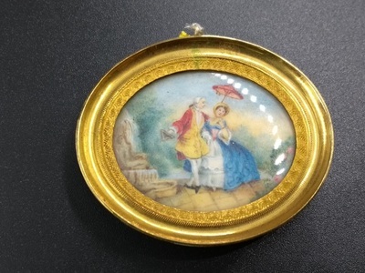 1960-0277-KPO-069.jpg; 1960-0277-KPO/069; Schildering van man en vrouw met parasol in tuin.; miniaturen