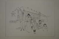 1984-0026-TEK.jpg; 1984-0026-TEK; Arbeider met gezin voor hofje.; tekeningen