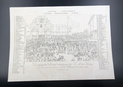 1c07cbd6-d8c3-4921-8af7-aedabe6b13a4.jpg; 1977-0087-PRE/a-b; De eerste steenlegging voor het nationaal-monument in het Willemspark.; prenten