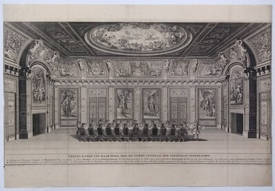 1effa332-5d25-4404-940a-62aeaec55750.jpg; 1956-0188-PRE; Treveszaal met de vergadering van de Staten-General der Verenigde Nederlanden.; prenten