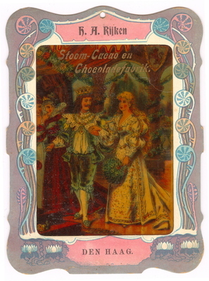 2010-0001-HHI.2.jpg; 2010-0001-HHI/2; Toverlantaarnplaatje met sprookjesvoostelling uit Assepoester van de Stoom-Cacao en Chocoladefabrik. H.A. Rijken, Den Haag.; toverlantaarnplaat