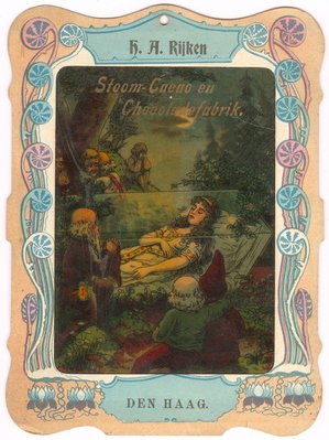 2010-0001-HHI.5.jpg; 2010-0001-HHI/5; Toverlantaarnplaatje met sprookjesvoostelling uit Sneeuwwitje van de Stoom-Cacao en Chocoladefabrik. H.A. Rijken, Den Haag.; toverlantaarnplaat