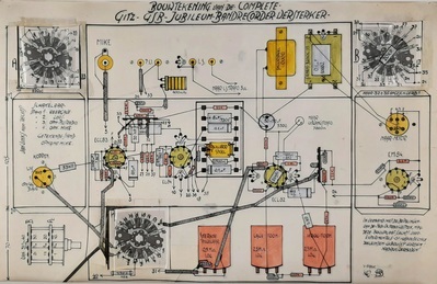 2011-0031-HHI.jpg; 2011-0031-HHI; Bouwplaat van de complete Gitz GSB Jubileum bandrecorder verstreker; technische illustraties