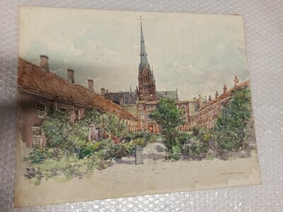 2012-0002-TEK.jpg; 2012-0002-TEK; Het 'Hofje van de Duinshant' met de kerk aan de Stirumstraat te Den Haag; stadsgezicht