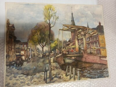 2012-0004-TEK.jpg; 2012-0004-TEK; Gracht in Den Haag met ophaalbrug en kerk; stadsgezicht