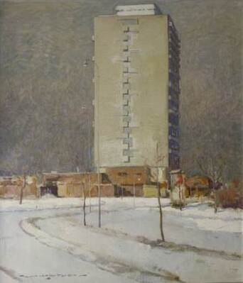 2012-0006-SCH.jpg; 2012-0006-SCH; Het Wijk- en dienstencentrum Mariahoeve te Den Haag in de winter.; schilderingen