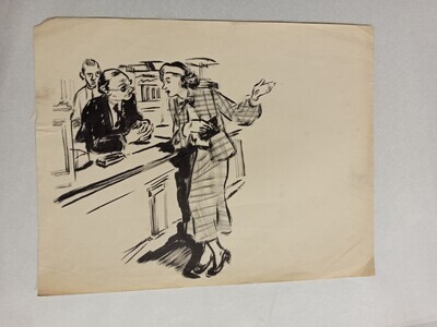 2012-0407-TEK.jpg; 2012-0407-TEK; Vrouw in gesprek met man achter een balie; schetsen (beeldende werken)