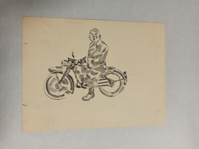 2012-0408-TEK.jpg; 2012-0408-TEK; Man zittend op een brommer; schetsen (beeldende werken)