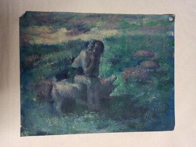 2012-0413-TEK.jpg; 2012-0413-TEK; Verdrietig figuur zittend op een varken; schetsen (beeldende werken)