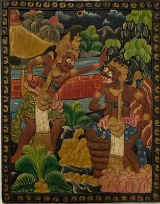 2020-0006-MHO.jpg; 2020-0006-MHO; Gepolychromeerd paneel met voorstelling uit de Ramayana afkomstig uit het Indonesische restaurant Garoeda; Houten voorwerpen