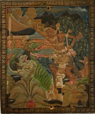 2020-0007-MHO.jpg; 2020-0007-MHO; Gepolychromeerd paneel met voorstelling uit de Ramayana afkomstig uit het Indonesische restaurant Garoeda; Houten voorwerpen