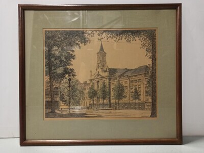 44926d6f-ab8c-492a-8e33-acca661cd2ee.jpg; 2002-0001-HHI; Lithografie voorstellende Gezicht op de Boschkantkerk; lithografie (techniek)