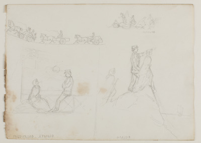 470f6660-6acb-4a7a-891e-fdc107436aa9.jpg; 2013-0045-TEK; Een losse schets met diverse figuurtjes en rijtuigen, afkomstig uit het nalatenschap van Alexine Tinne.; schetsen (beeldende werken)