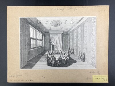 4af36a7b-9d9d-4bb6-b50c-6151a1fb1793.jpg; 1986-0278-PRE; Het tekenen van het vredesverdrag in het Huis ter Nieuburg te Rijswijk in 1697; prenten