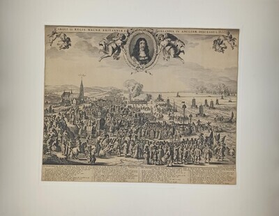 54d4bf5b-f71e-4327-8bd9-c5f730d4cf38.jpg; 1969-0102-PRE; Het vertrek van koning Karel II vanaf het strand van Scheveningen; prenten