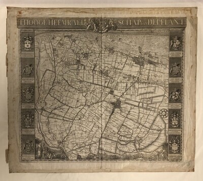 5a2b1b47-0992-4618-ba3d-72bfe1447389.jpg; 1907-0001-HHI; kaart 'Hoogheemraedschap van Delflant' omgeven door diverse taferelen (naar kaart 1712); prenten
