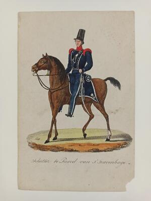 5d998bf8-c260-4fa2-86b3-96fa4be62770.jpg; 0000-0264-HHI; Litho voorstellende een schutter te paard.; prenten