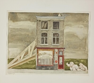 63f5ab8f-ca0f-42e9-8478-3770a2511567.jpg; 1973-0161-TEK; Café op de hoek van het Spui en Schedeldoekshaven.; waterverf