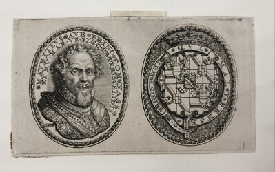 656c38f2-bdb3-44ef-a19c-556a14d3cff1.jpg; 1965-0006-HHI; Penning ter gedachtenis aan de verheffing van Prins Maurits tot Ridder van de Kousenband.; prenten