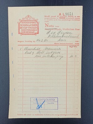 6dc74c9b-087d-4f13-bf27-00d67130625a.jpg; 0000-0727-HHI; Bon van Boekhandel 'De Vijf Vocalen' - Mensing en Visser voor Churchill Memoires deel 9'', gedateerd 24-03-54 (of 34?).; bonnen