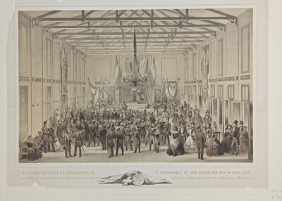 6e6569af-f866-44ca-87af-9200d7599380.jpg; 1956-0099-PRE; Ontvangst van officieren in de Sociëteit de Vereniging te 's-Gravenhage in de Kazernestraat; prenten