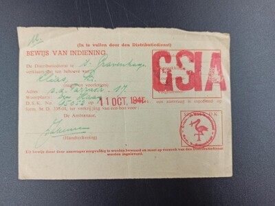 7255f0e0-77cf-4b85-9736-e60b8ec65c89.jpg; 0000-0738-HHI/1; Bewijs van indiening, B. Elias, 11-10-1945.; distributiekaart