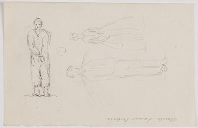 72c054ee-5062-48de-983e-4fe19c30614d.jpg; 2013-0020-TEK; Drie figuren waarvan een geboeide man, een man en een vrouw. Illustratie bij roman De hut van oom Tom.; tekeningen