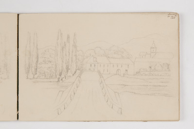 7528a145-ddd5-4241-8987-7e12967d3b71.jpg; 2013-0009-TEK/06; Tekening uit een schetsboek van Alexine Tinne, reizen in Europa.; schetsboeken